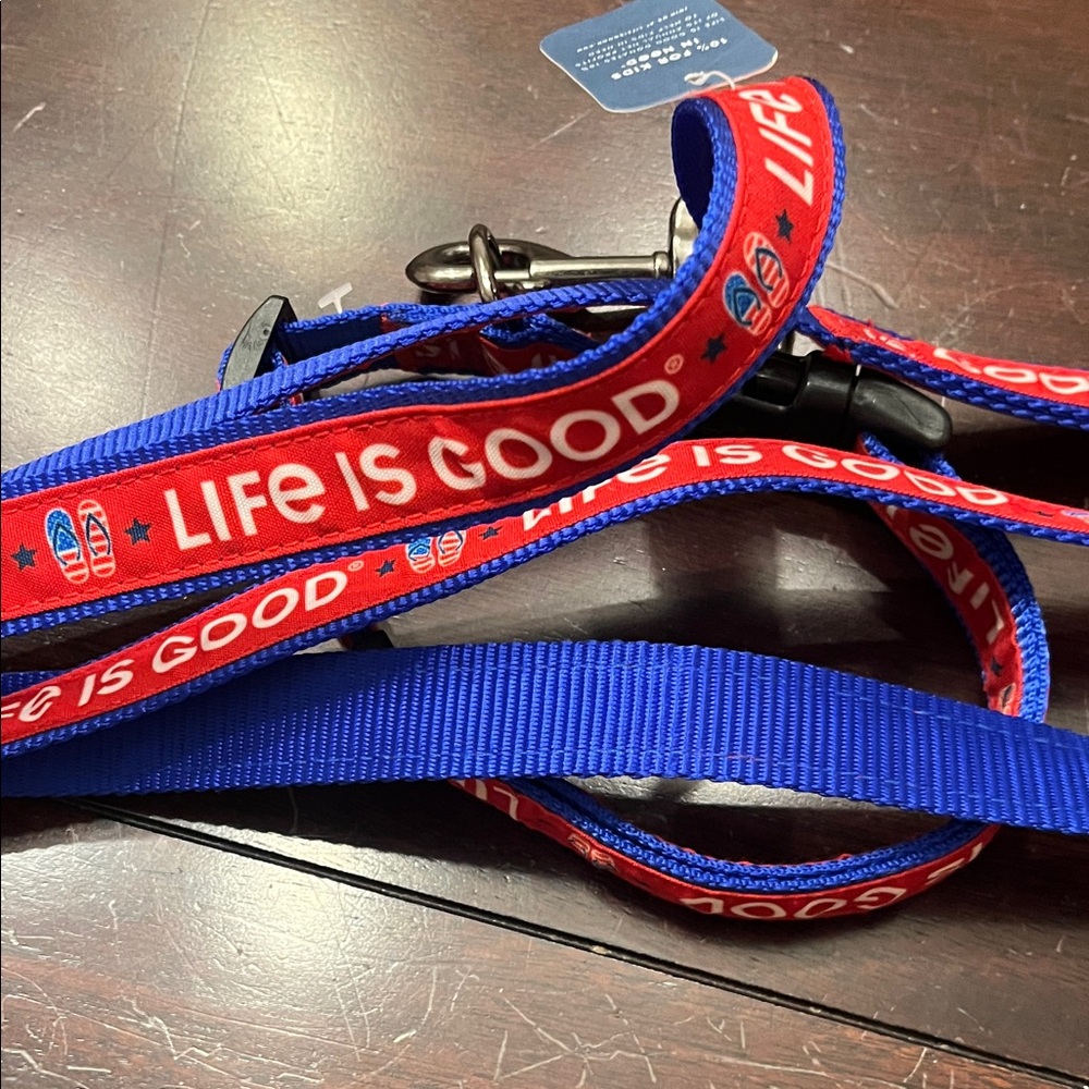 Life Is Good Red and Blue dog Leash & Collar